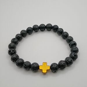 Mens Black Lava Rock Stone Bead Bracelet Gold Cross Charm Religious Jewelry OS